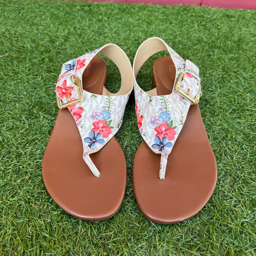 Michael Kors Floral Logo Thong Wedge Sandals Womens Size 9.5M
